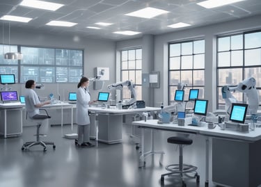 A laboratory setting featuring advanced equipment, including a white Rephile machine with digital controls and various attachments. In the background, there are large lab cabinets and ventilation hoods, with a bright, well-lit environment.