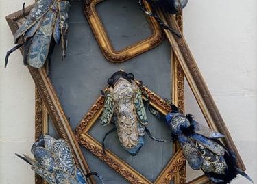 some picture frames with bugs climbing on them