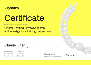 Charlie Chen's Crystal Certified Crypto Research and Investigations Training Programme Certificate