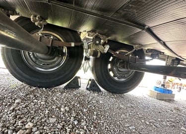 a close up of a tire on a dual axle RV