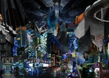 a city street scene with a cityscapeople and a man in a suit