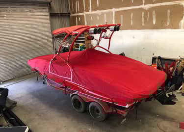 Tie down boat cover for ski tower.