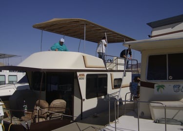 Houseboat Party Top installed. Cover made with Sunbrella Marine Fabric