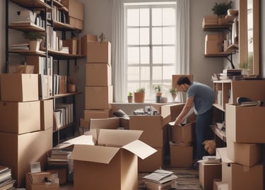 a man is moving boxes of boxes in a room