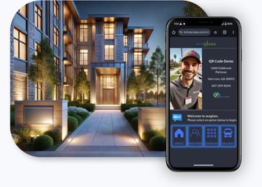 multifamily residential building with MyDoorView mobile video intercom system displayed on smartphone