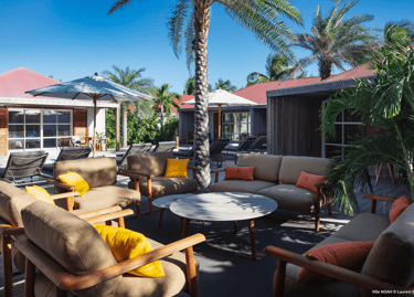 The terrace, pool area, sofas, lounge of the Villa Noah in St Barth