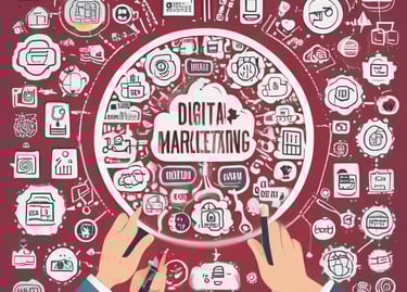 digital marketing artwork on brown wooden surface