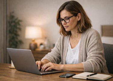 Professional woman with glasses working on a laptop at a home office desk.