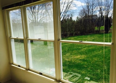 Avant/après nettoyage de fenêtre - Vue sur jardin avec vitres sales et propres Cleanwave