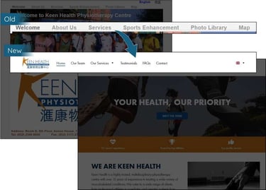 Screenshots of the navigation bars on the old and new Keen Health websites