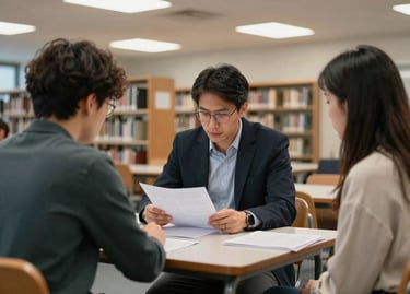 Faculty member seated across a small seminar table from two students, all three looking at the same open document, natural overhead light, library shelves visible in background, no camera awareness