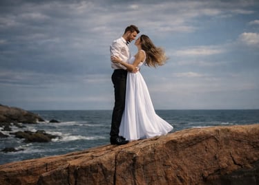 Casal no ensaio na praia, em frente ao mar com o ceu azul