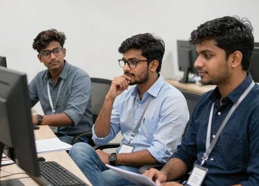 Interns collaborating on a project in a bright office space.