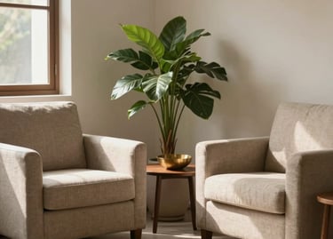 A warm, sunlit modern counseling room in a Global South Asian / Indian setting. Two comfortable armchairs in soft light linen, a green potted plant, a brass decorative bowl on a low wooden table, peaceful and reassuring atmosphere.