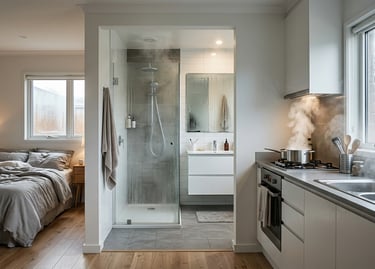 Condensación en baño y cocina por vapor, mala ventilación y humedad interior.