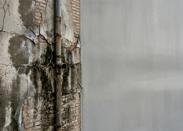 Filtración de agua en pared exterior con grietas y humedad en fachada