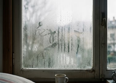 Ventana con condensación y cristales empañados por humedad en una habitación