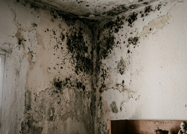 Moho en esquina de pared y techo por humedad acumulada en una habitación