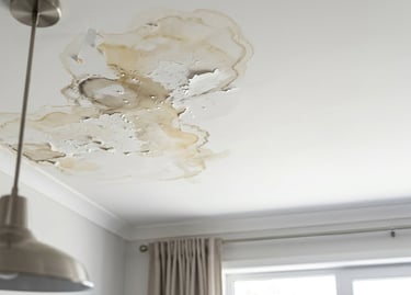 Humedad por filtración en techo con manchas de agua y pintura dañada