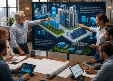 Engineers discussing a 3D digital twin of a hydrogen production and storage facility for renewable energy projects.