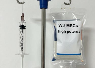 Medical IV stand holding a syringe and a bag of high potency WJ-MSCs for stem cell therapy treatment.