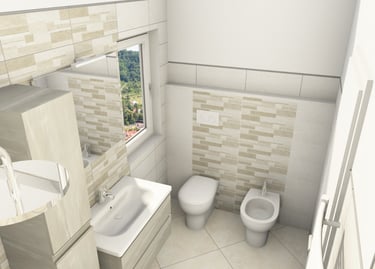 Modern bathroom interior featuring beige stone tile walls, a floating vanity sink, and white porcelain toilet and bidet.