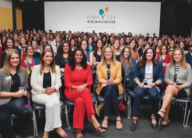 Women attending a vibrant leadership conference with speakers on stage.