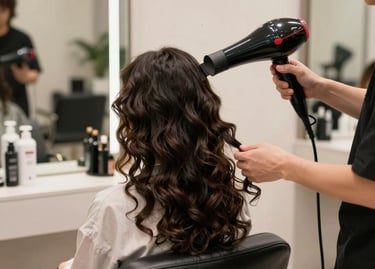 A stylist carefully applying color to a client's hair in a bright, cozy salon space.