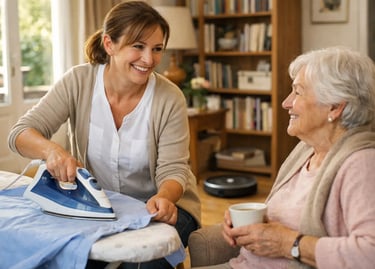 Aide à domicile repassant une chemise et échangeant avec une personne âgée, robot aspirateur en fond