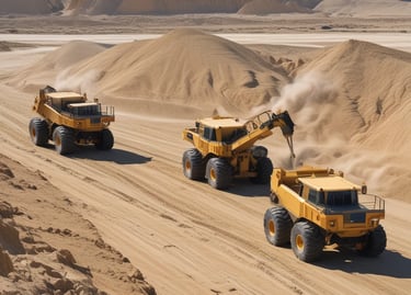 A panoramic view of a silica mining site with heavy machinery at work under a clear sky.
