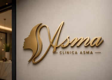 Luxury gold clinic signage design for Asma Clinica featuring elegant metallic lettering and premium wall-mounted branding.