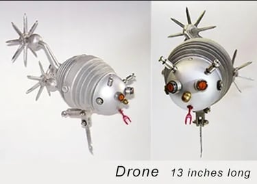 Two views of a flying metal fantasy creature created by artist Tal Avitzur.
