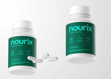 Deux flacons de capsules Nourix avec quelques gélules disposées à côté sur un fond clair.