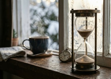 Vintage hourglass and steaming coffee mug on a rustic wooden windowsill with winter snow view.