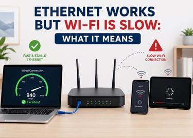 Router showing fast Ethernet on a wired laptop while phone and tablet show slow Wi-Fi connection warnings.