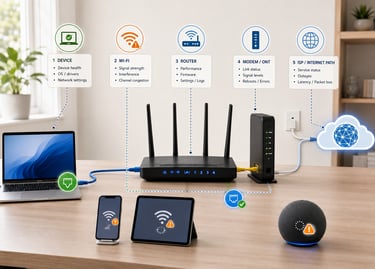 Home network diagram showing random internet drops checked across Wi-Fi, Ethernet, router, modem, ONT, and ISP path.