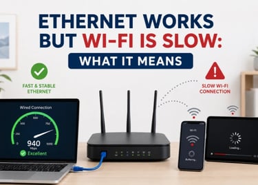Router showing fast Ethernet on a wired laptop while phone and tablet show slow Wi-Fi connection warnings.