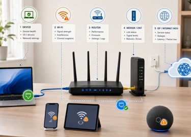 Home network diagram showing random internet drops checked across Wi-Fi, Ethernet, router, modem, ONT, and ISP path.