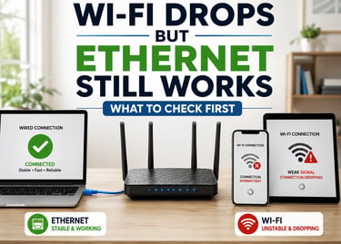 Home router with Ethernet laptop showing a stable connection while phone and tablet show weak or dropping Wi-Fi.