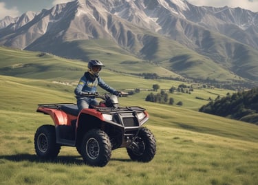 A rugged quad bike kicking up dirt on a forest trail under a bright sky.