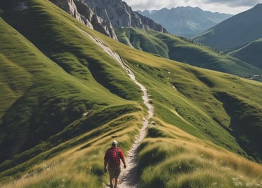 Hikers walking along a scenic mountain path with panoramic views.