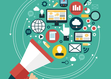 Colorful graphic featuring different icons related to being online.
