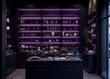 a kitchen with a purple kitchen island and a purple kitchen island