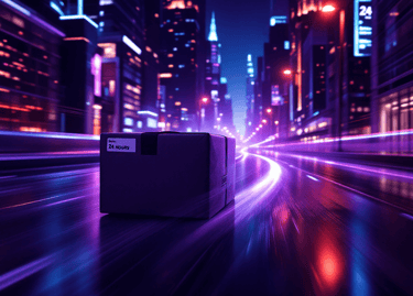 Fast 24-hour delivery package speeding through a neon cyberpunk city street at night.