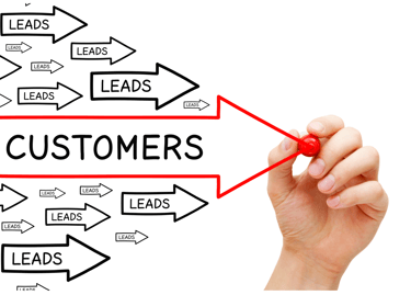 Arrow pointing from leads to customers for conversion strategy