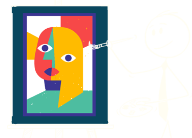Un artiste en bonhomme bâton peignant un portrait cubiste abstrait coloré sur un chevalet
