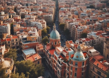 Rounded image showing the colorful streets of Chefchaouen, Morocco.