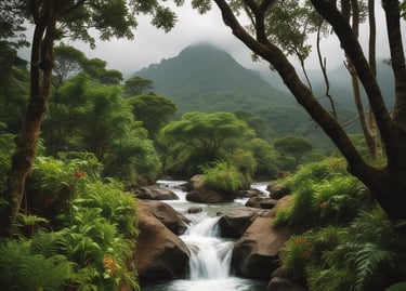 A large rounded image of lush green rainforests and a waterfall in Costa Rica.