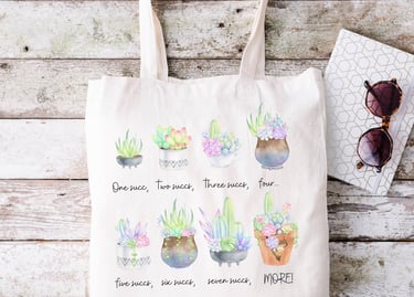 Eco-friendly succulent tote bag on rustic wood background — Miss Chatty Plants.kground