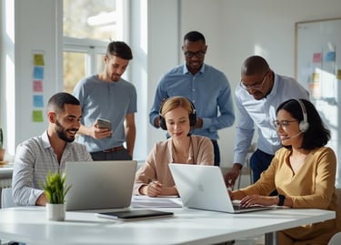 Team collaborating remotely on different business tasks